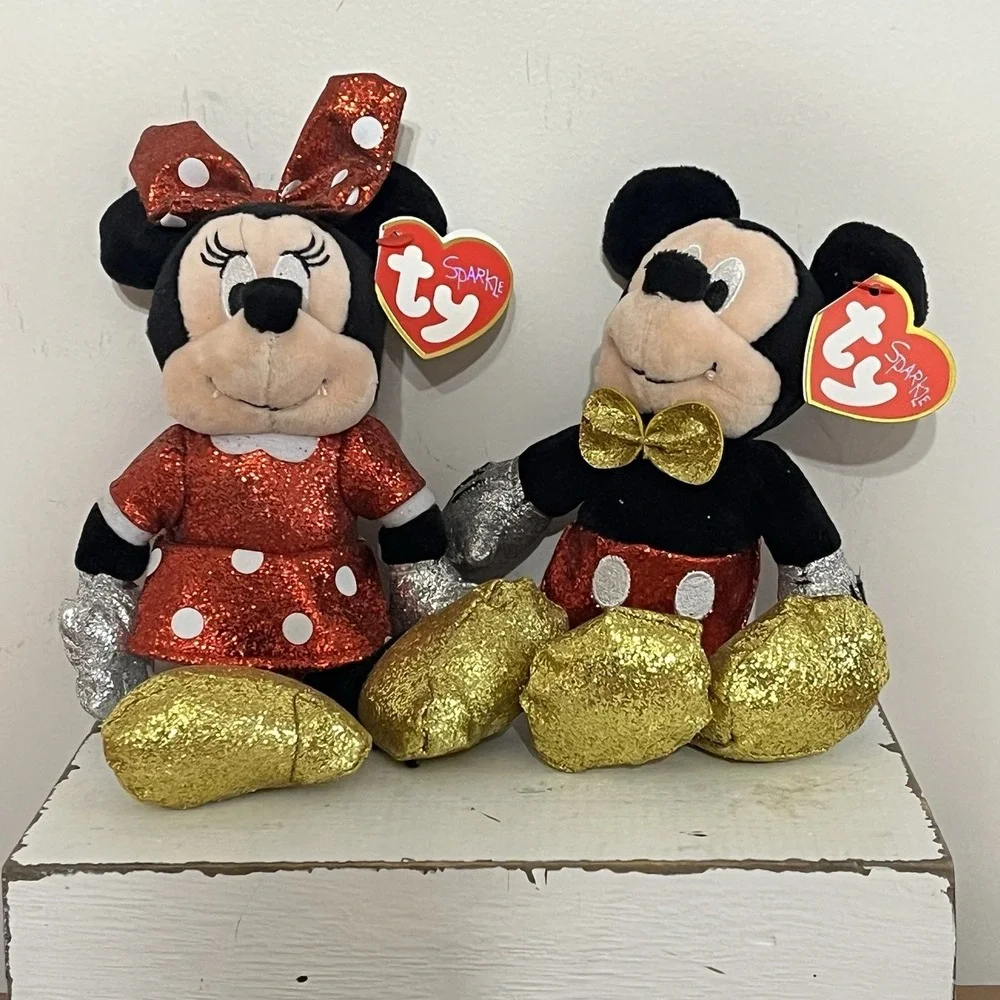 Ty Sparkle Disney Beanie Babies Minnie Mouse‎ And Mickey Mouse Glitter Plush